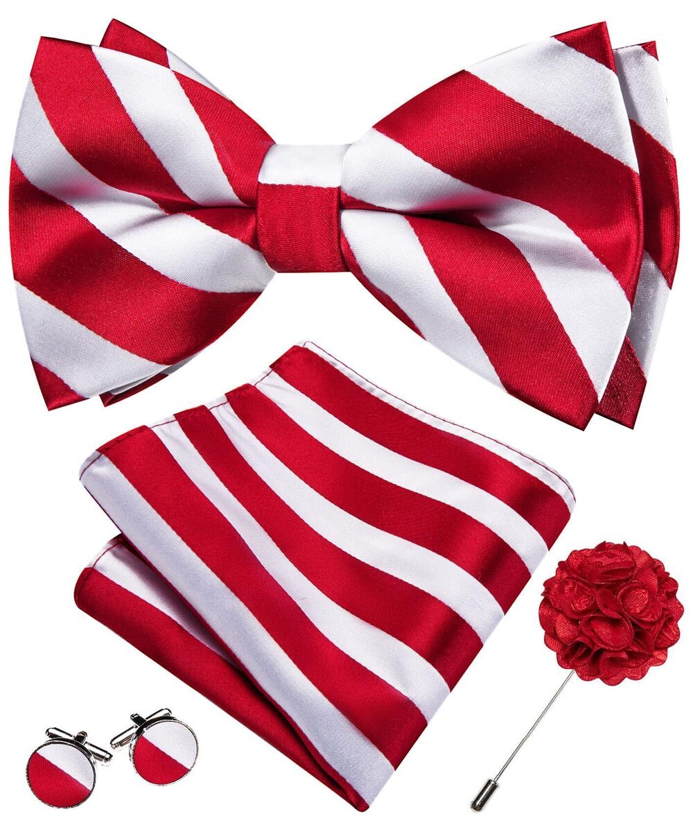 4825 Christmas Bow Ties Stripe Silk Pre-Tied Red White Bowtie Pocket Square